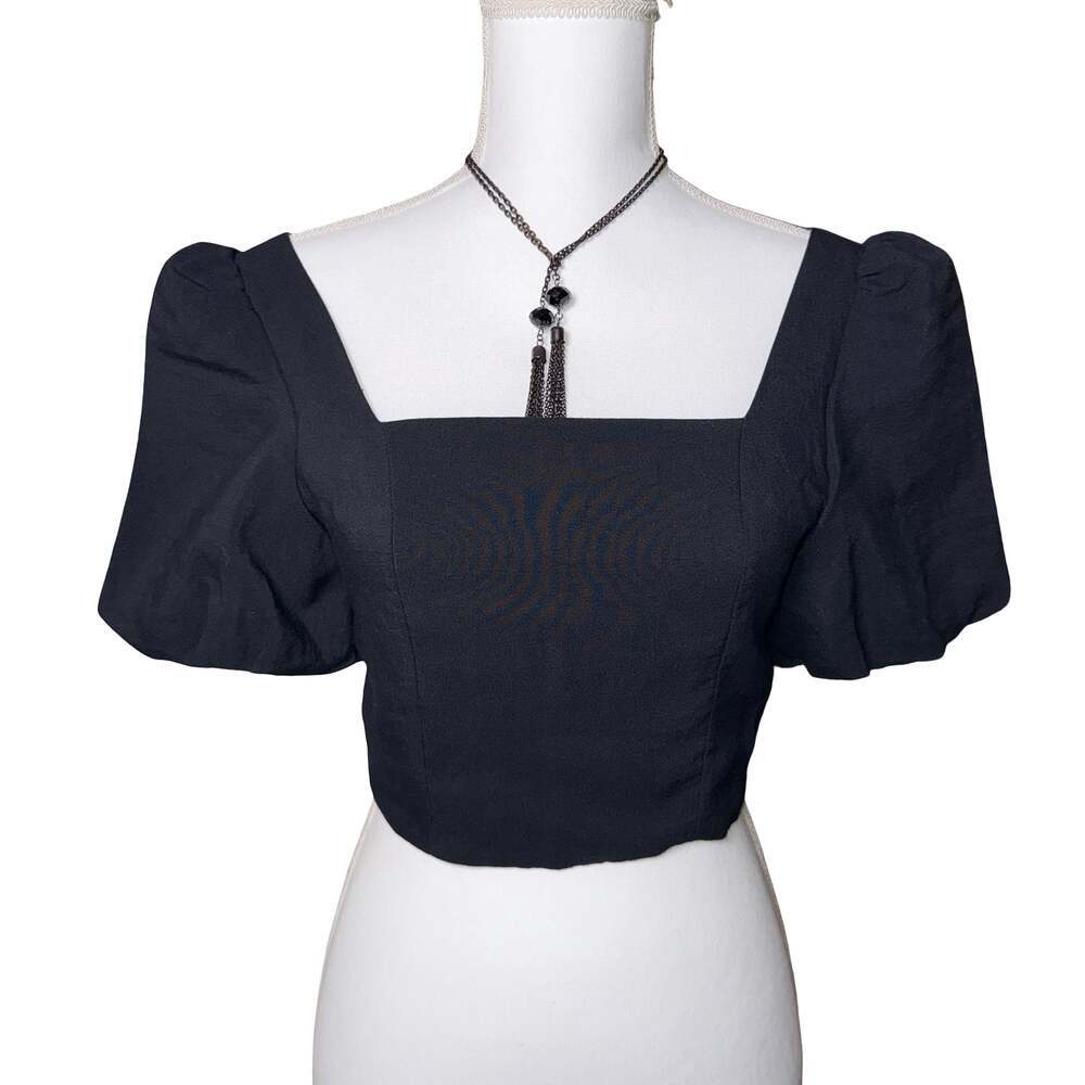 J.Ing Black Puff Sleeve Square Neck Smocked Crop Top Size XS